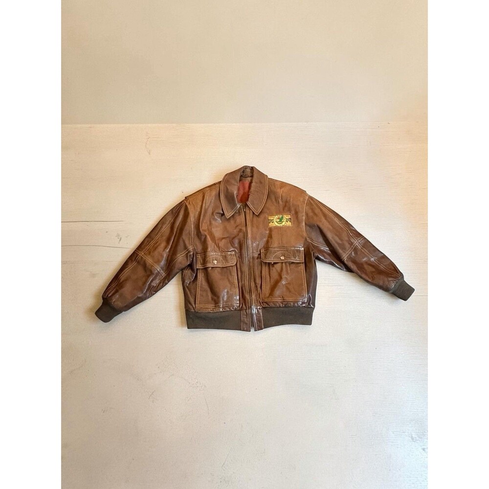 Vintage Brown Leather OBR Plaid Blanket Lined Bomber Jacket Size M